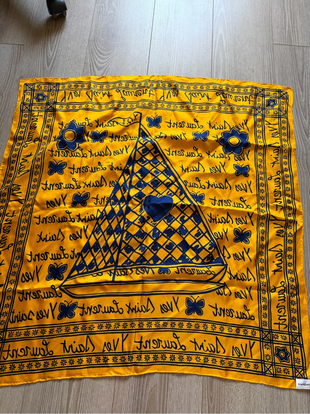 Vintage Yves Saint Laurent Silk Scarf Yellow and Cobalt sailboat heart butterfly - Picture 5 of 7
